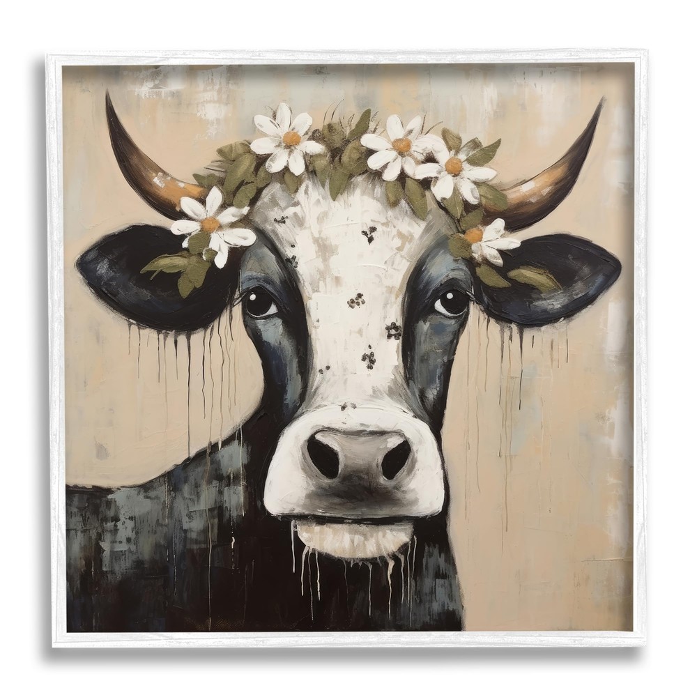 Black Cow & Daisy Crown Framed Giclee Art by Lazar Studio
