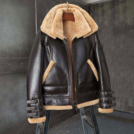 Men's Black RAF Bomber Flying Jacket Fur Shearling Real Sheepskin Leather Jacket