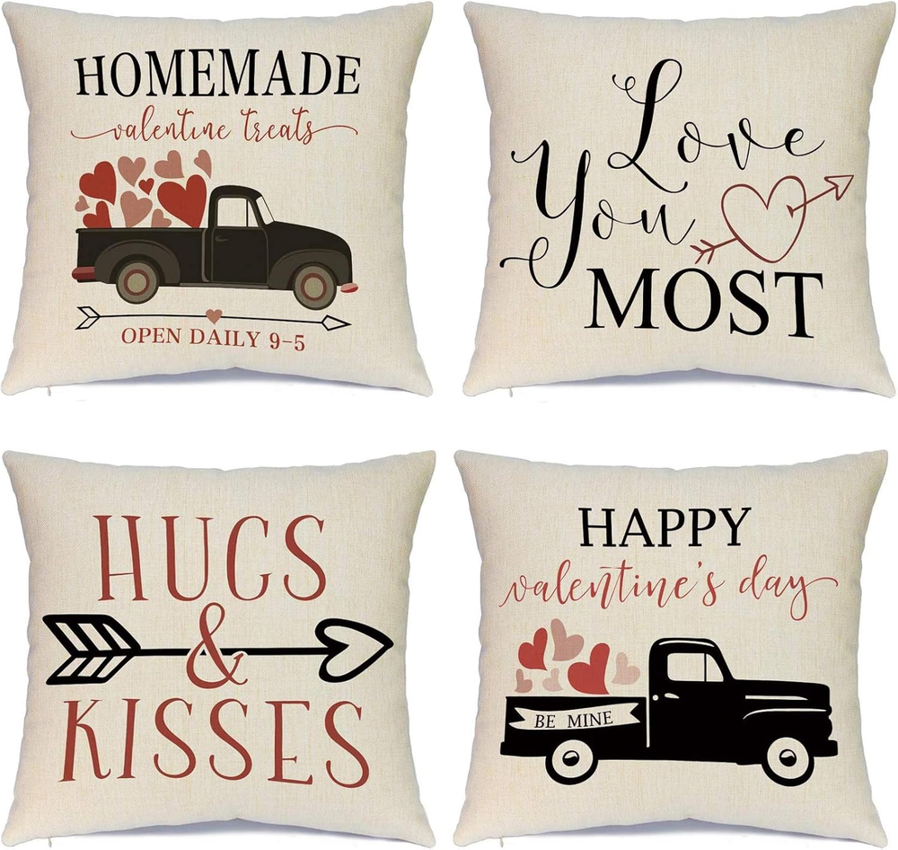 Valentine’s Day 18x18 Inch Pillow Covers Set of 4 - Red Heart Truck Decor Design