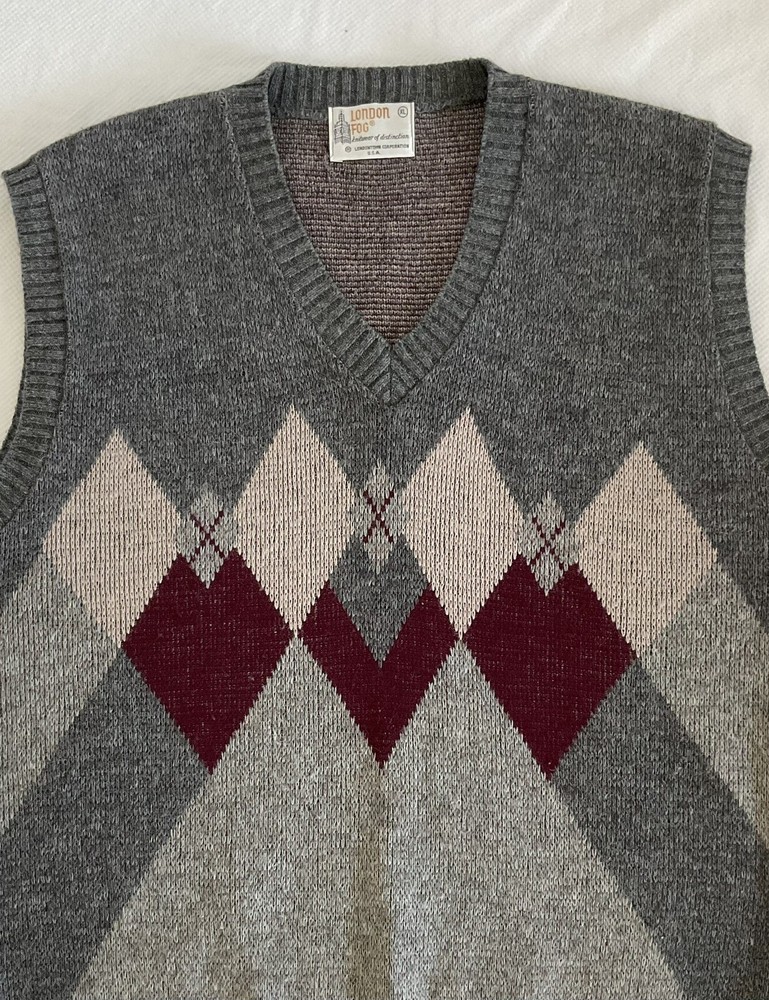London Fog Gray Argyle Retro Sweater Vest XL in Wool Mohair Solara Blend