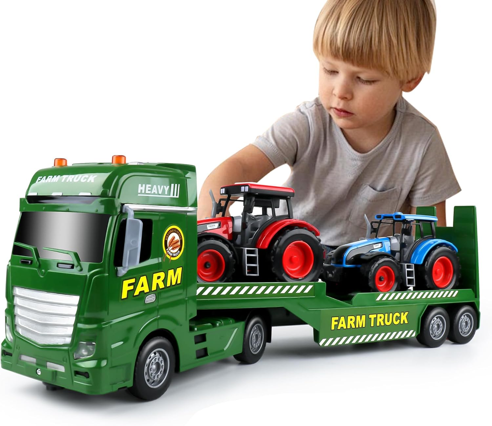 Large Flatbed Semi Truck Toy Set with Farm Vehicles for Kids Birthday Gift