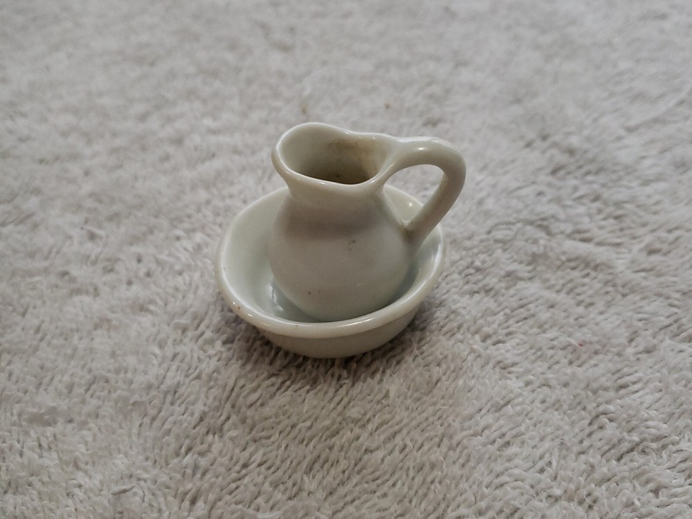 Vintage White Dollhouse Miniature Pitcher and Bowl 2-Piece Set