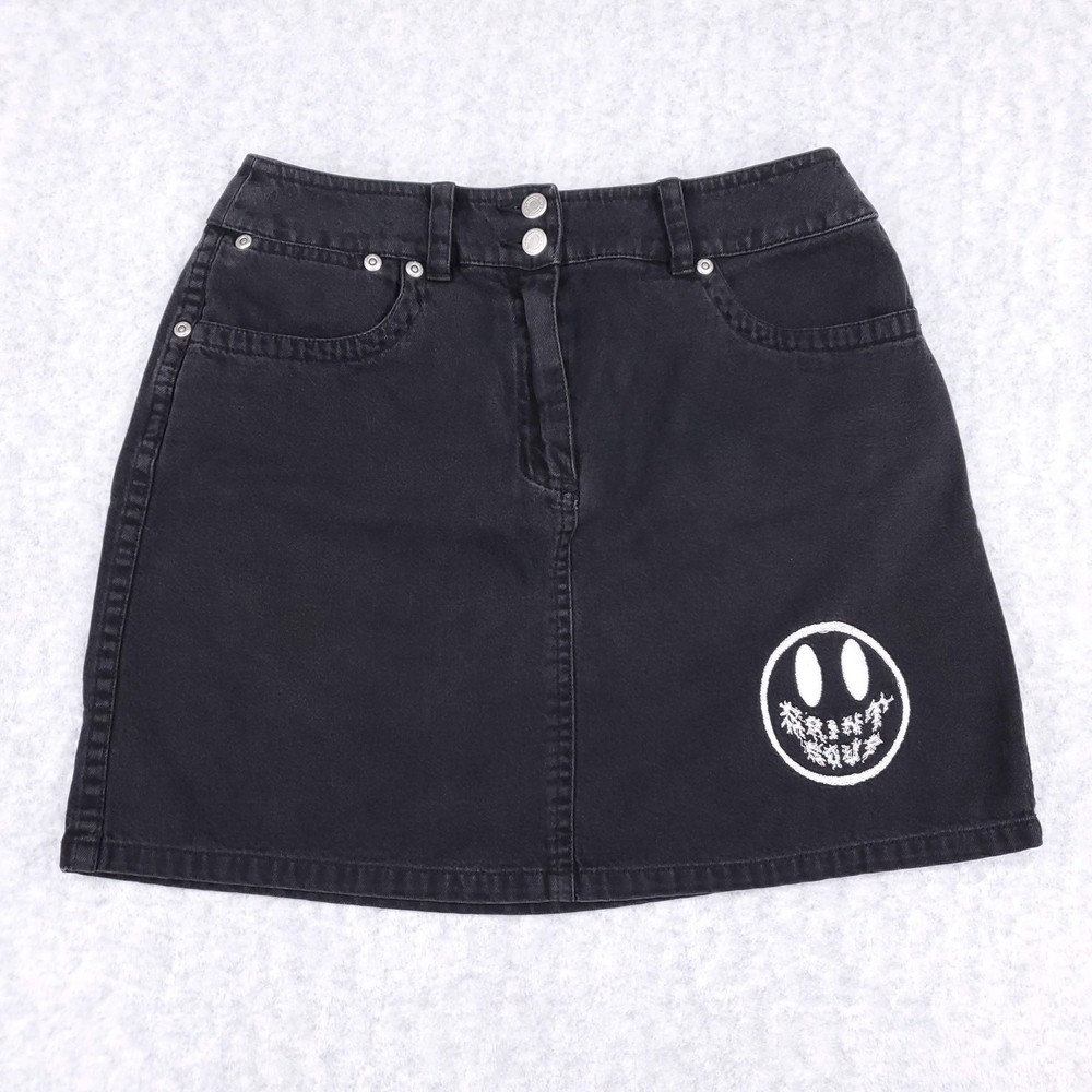 VTG 80s Black Lizwear Denim Mini Skirt 8P with Embroidered Daggers Punk Skater Style