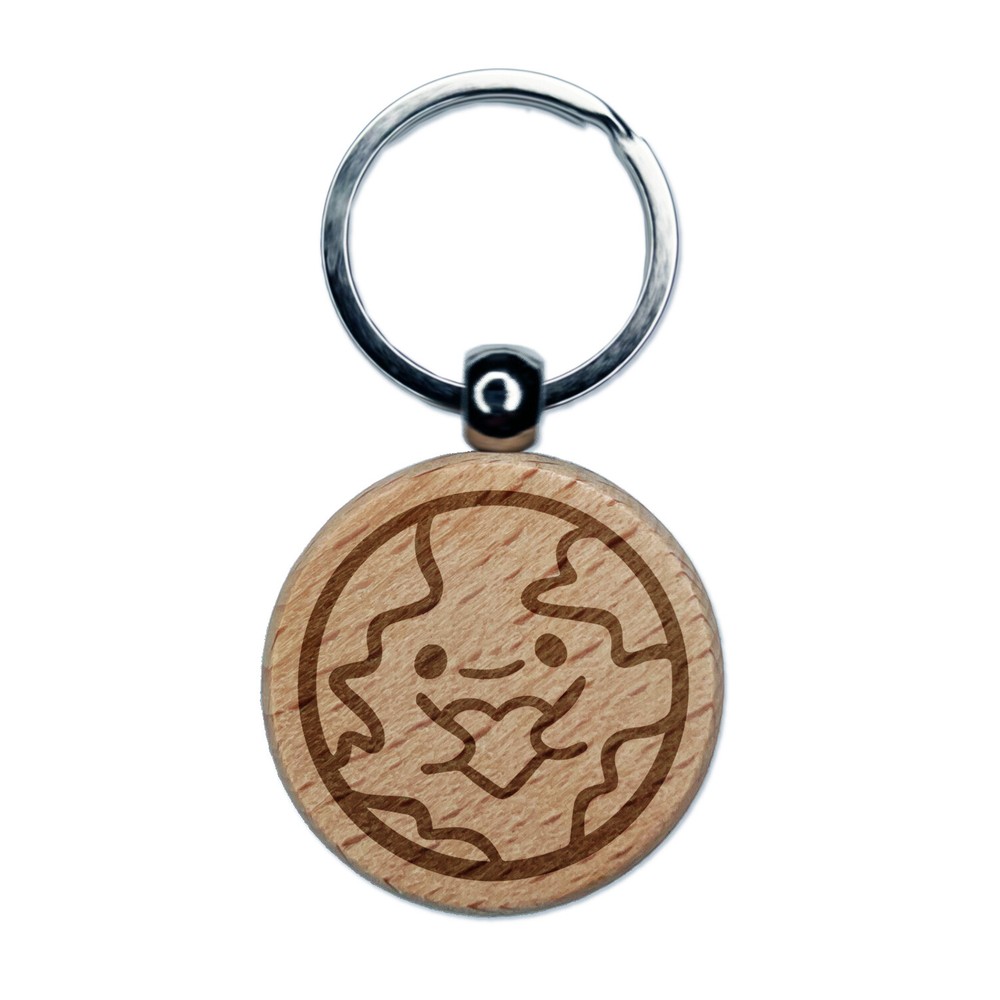 Earth Holding Heart Engraved Wood Round Keychain Tag Charm