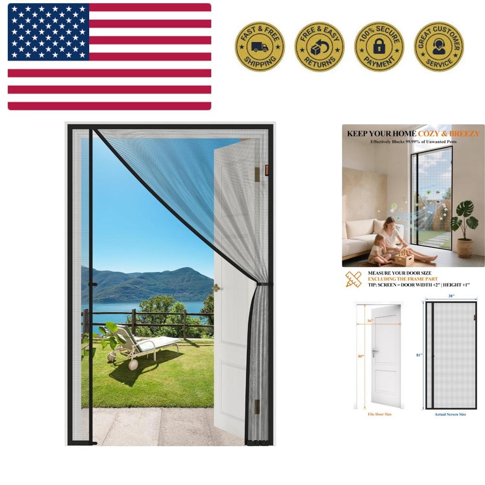 Magnetic Screen Door, Fits 36'' x 80'' DoorMesh Size 38'' x 81'', Left Right ...