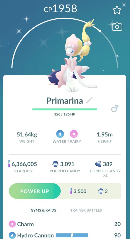 Shiny Primarina with Hydro Cannon for Pokemon GO