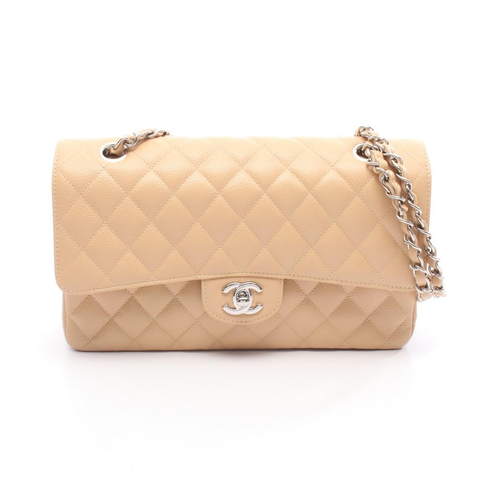 CHANEL Matelasse W flap Chain Shoulder Handbag calf leather Beige SHW Used CC