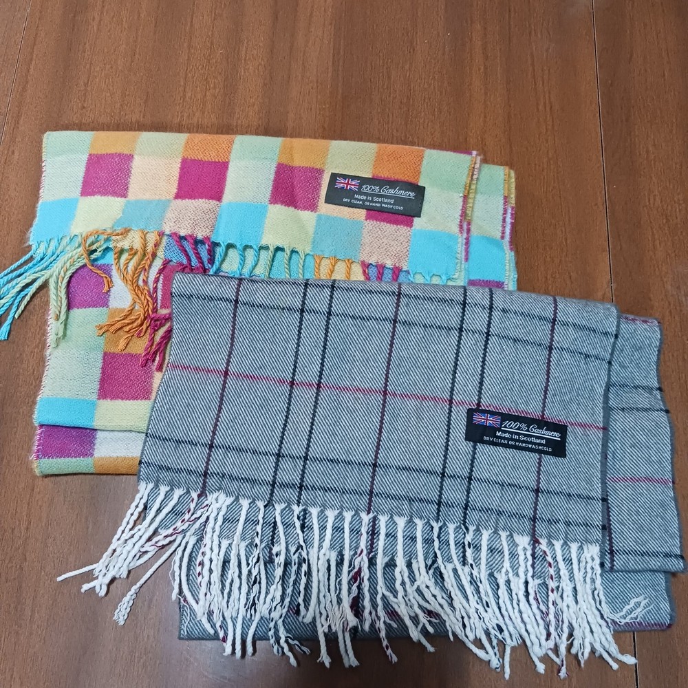 Gray & Multicolor Checkered Cashmere Scarves with Fringe - Set of 2 from Scotland