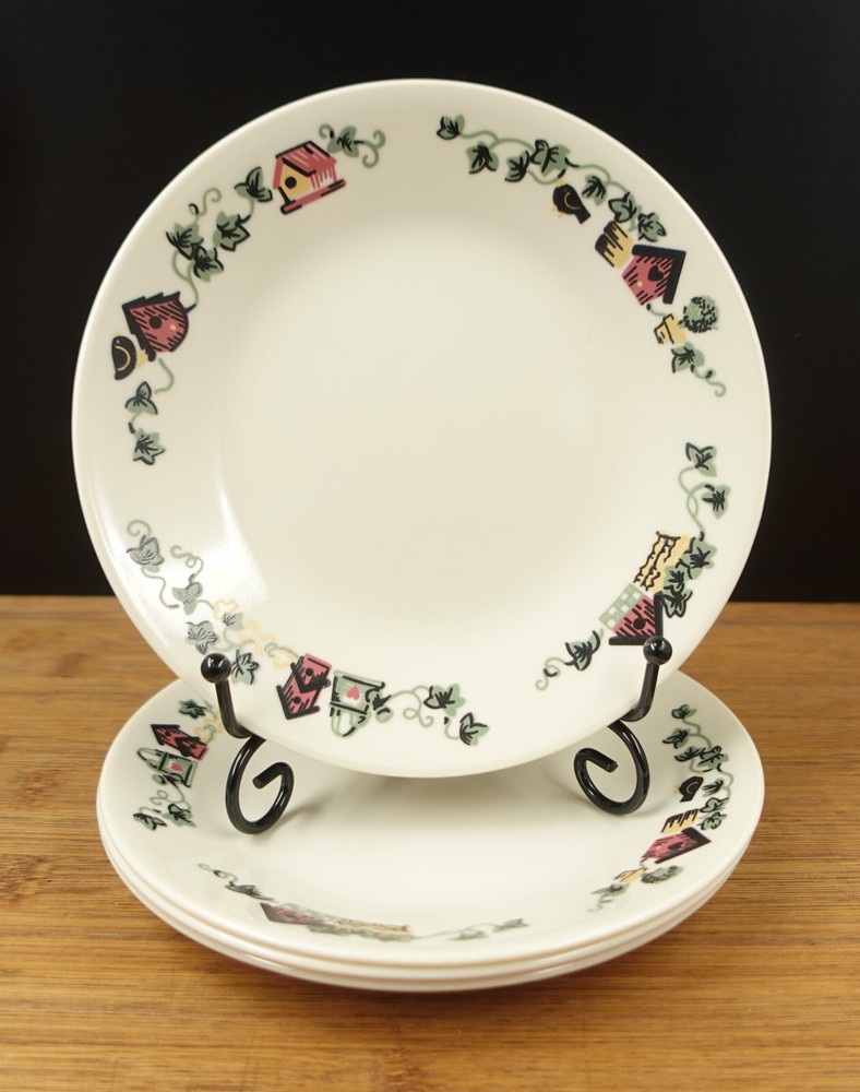 4 Corelle Garden Home Ivory Birdhouses Salad Bread Dessert Plates 6.75”