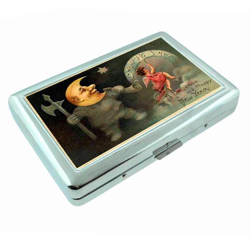 Vintage New Years Eve D3 Silver Metal Cigarette Case RFID Protection Wallet-image