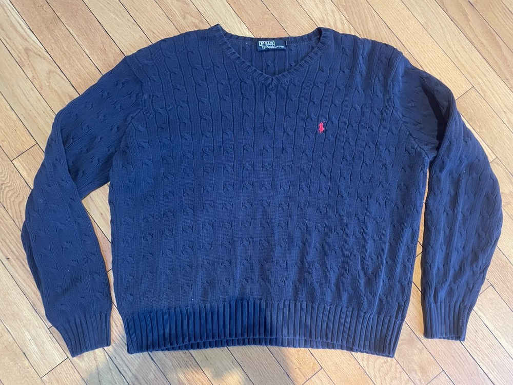 Ralph Lauren Cable Knit V-Neck Sweater Navy Blue Womens XL Red Pony Preppy