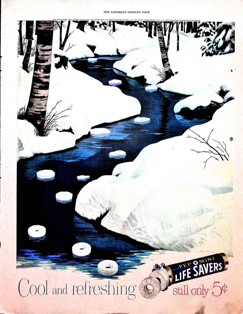 Original 1950s Life Savers Ad: Pepp-o-mint, winter scene, Cool and Refreshing