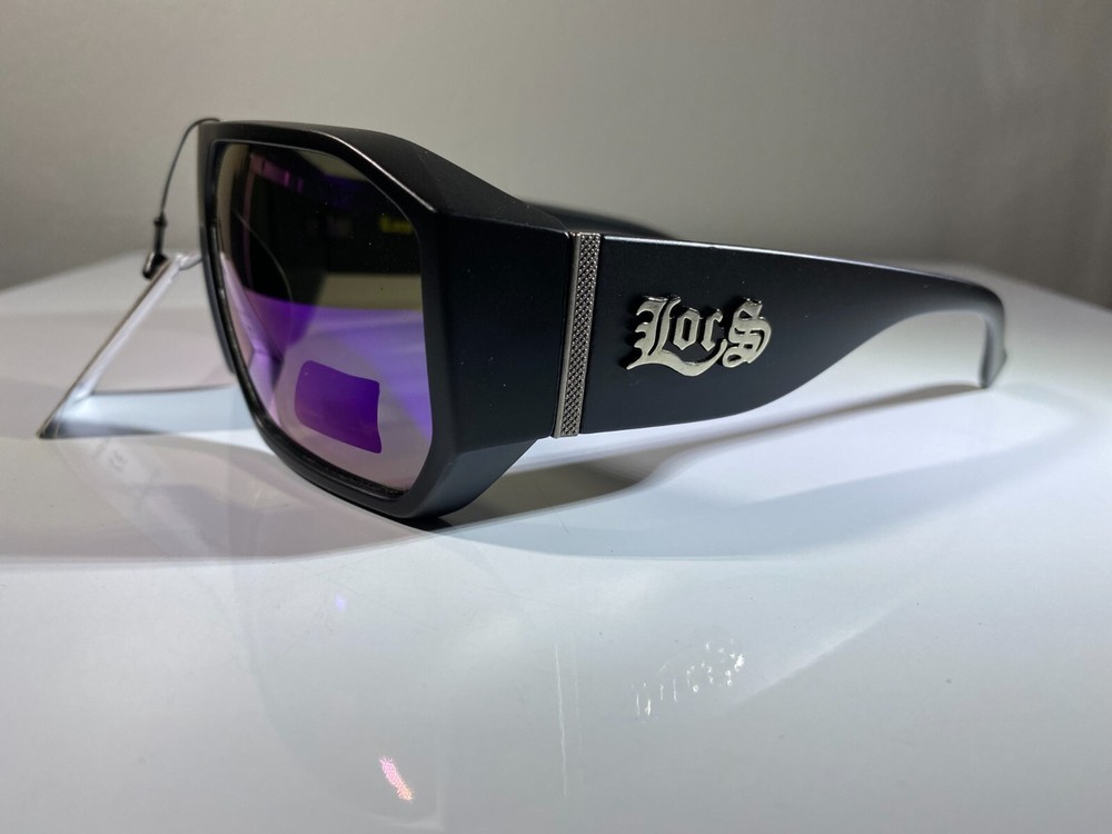 Men's black frame hexagonal sunglasses with purple reflective lenses