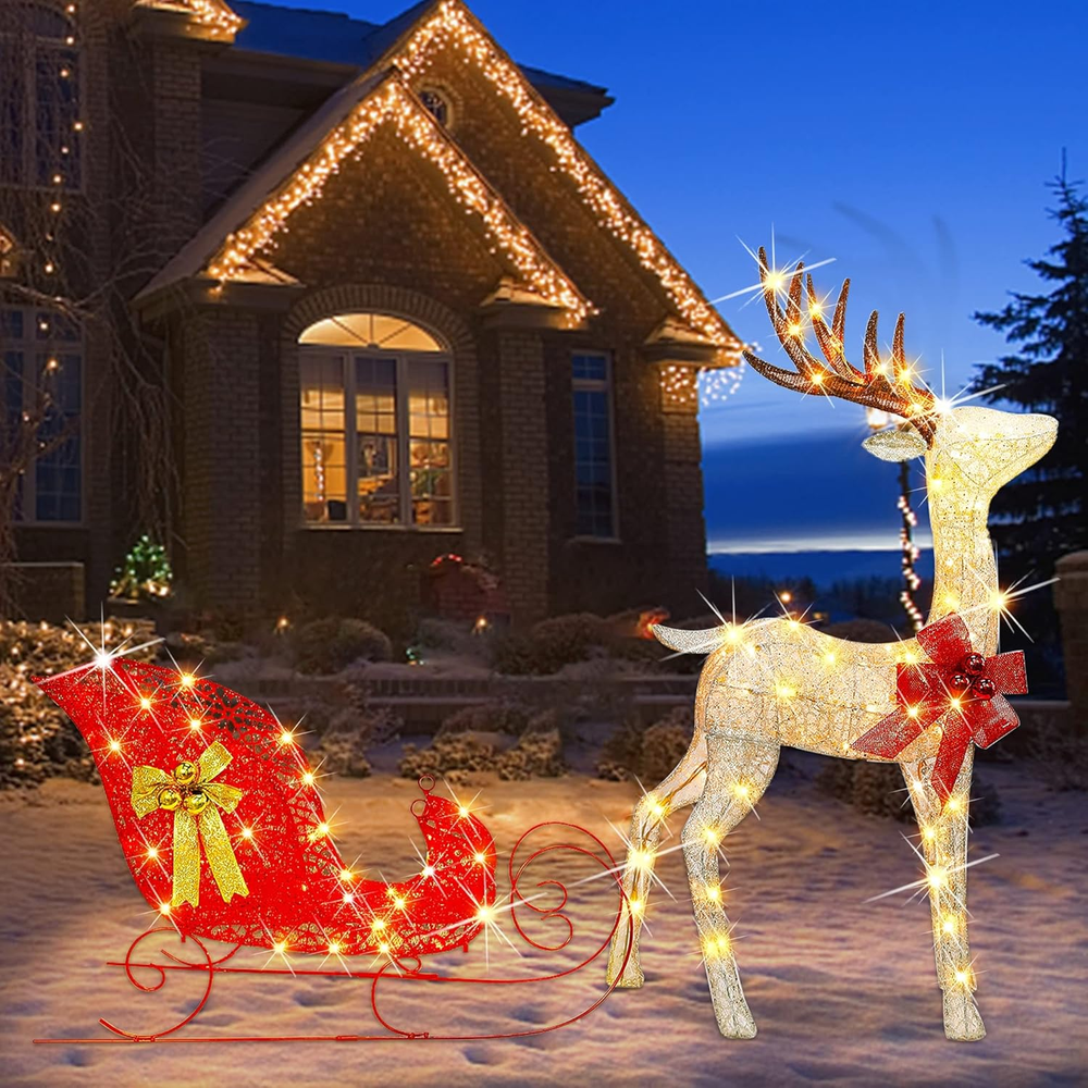 Christmas Yard Decoration, 4 FT Pre-Lit 3D Reindeer & Sleigh Outdoor Decorations