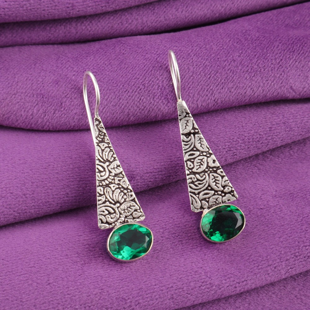 Green Emerald Gemstone 925 Sterling Silver Drop Dangle Trendy Earrings