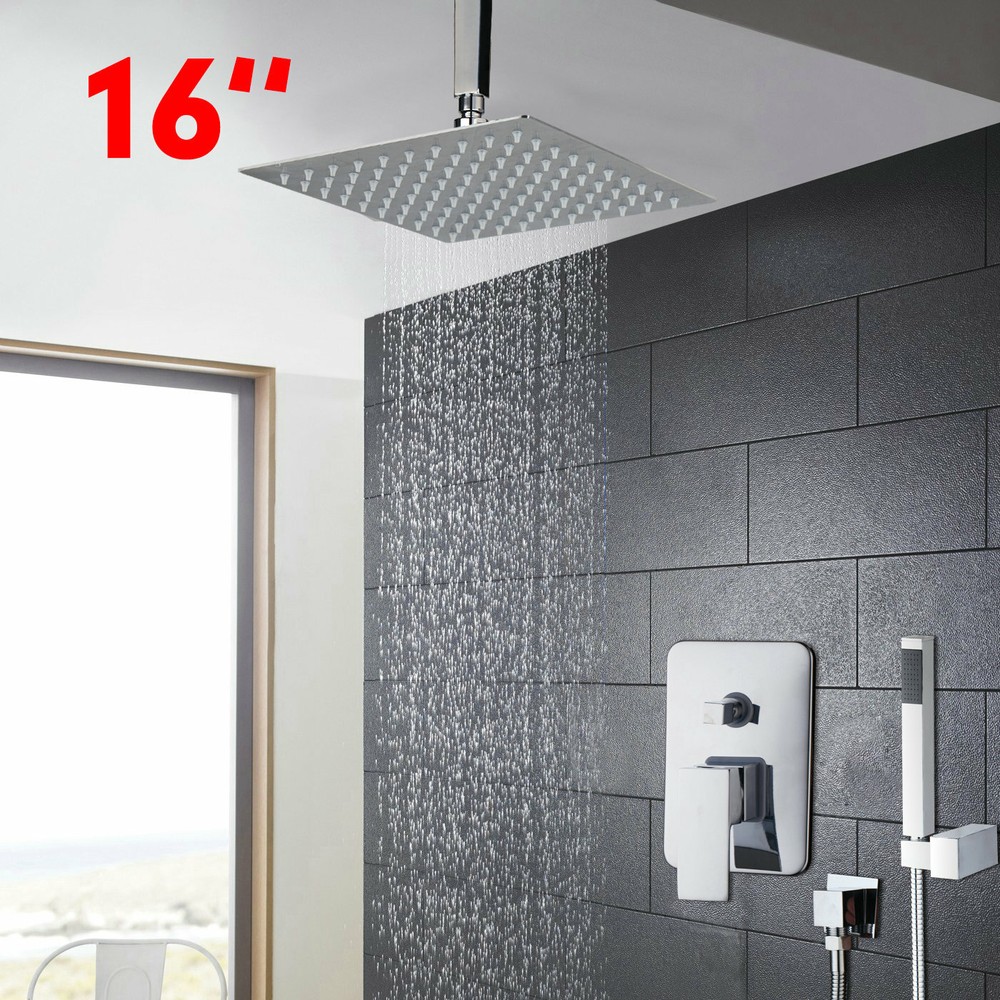 16'' Chrome Shower Faucet Set Rainfall Spout Shower Heads Mixer Wall Mounted Tap