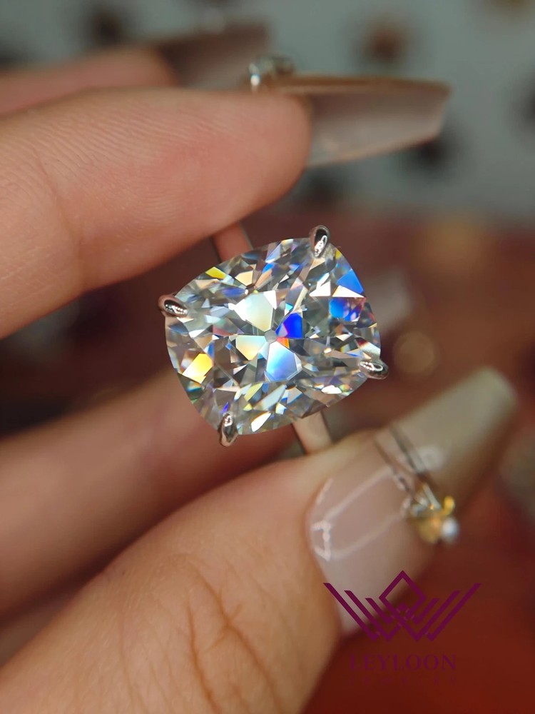 12 Carat IJ Old Mine Cushion Cut 4 Claw Cathedral Basket 10K Moissanite Ring