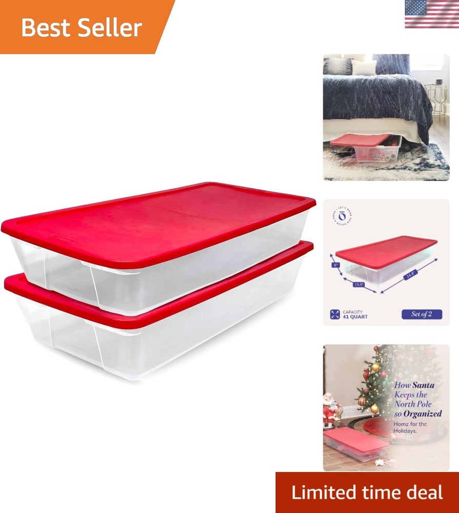 Sustainable 41-Quart Red Storage Totes - Clear Holiday Organizers (Set of 2)