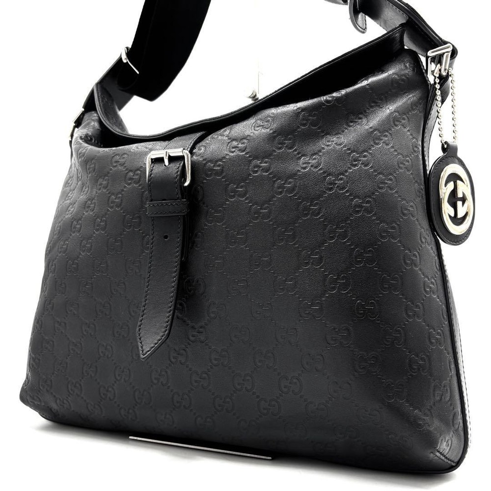 Gucci Shoulder Bag GG Shima Leather Logo Plate Black Used