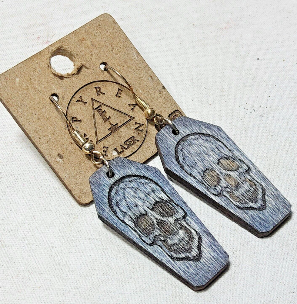 Laser engraved cut coffin skull earrings hallowen custom art horror fashion