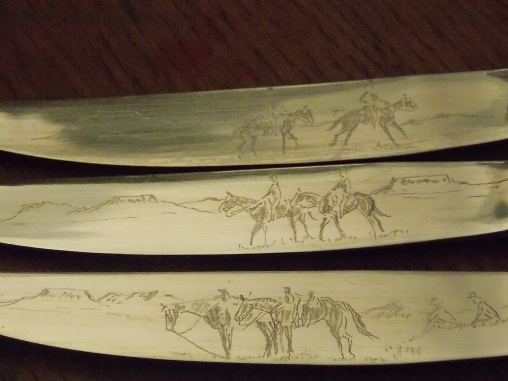 3 Beautiful Engraved Western Scenes Cowboy Horses by Sandi on Walco Steak Knives