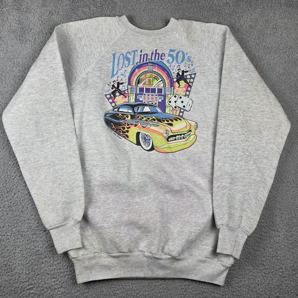 Vintage Lost in the 50's Sweater Mens XL Gray 80s Car Flames Jukebox USA Made