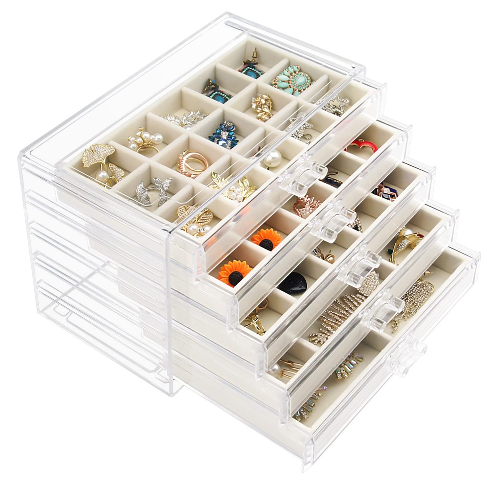 Acrylic Jewelry Box with 5 Drawers, Clear Earring Storage Organizer Display C...