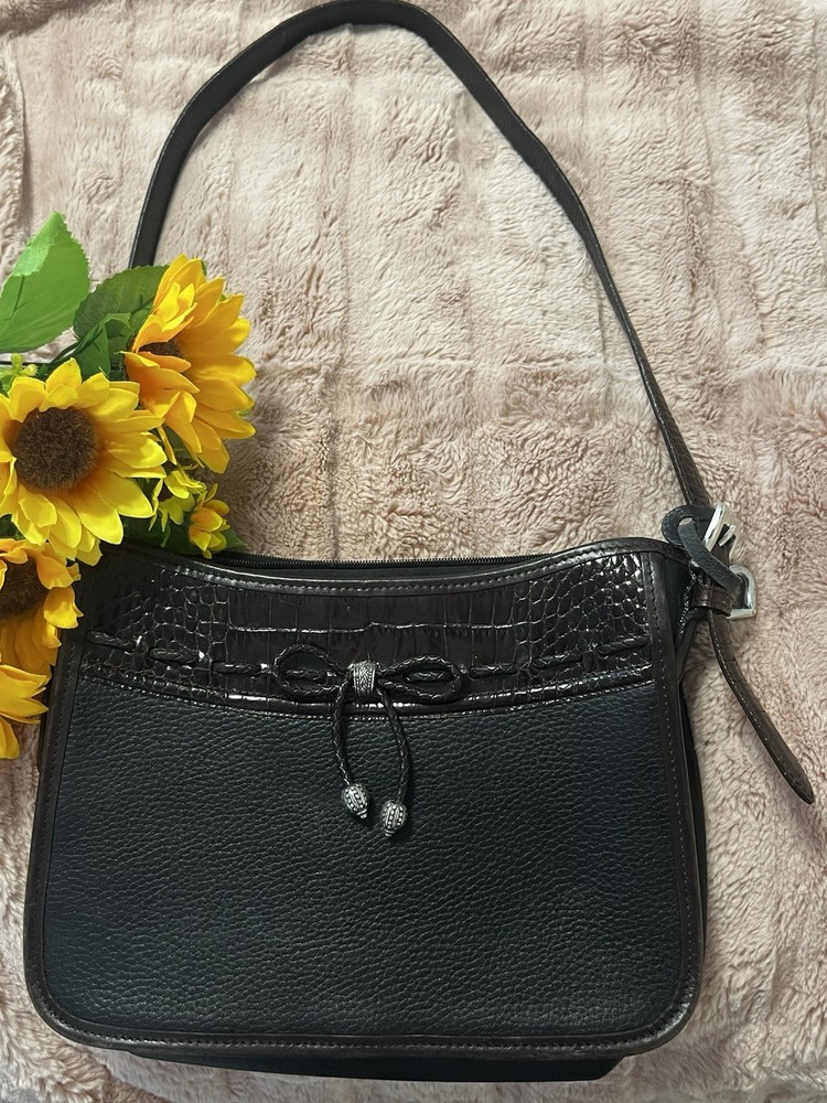 Brighton Leather 2 Tone Black/Deep Choc Brown Shoulder Bag W/Bow accent/Beads