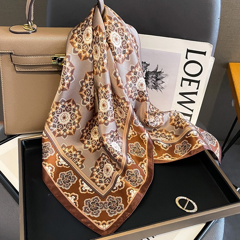 Vintage Brown Paisley Silk Scarf for Women 68x68cm Square Bandana Wrap