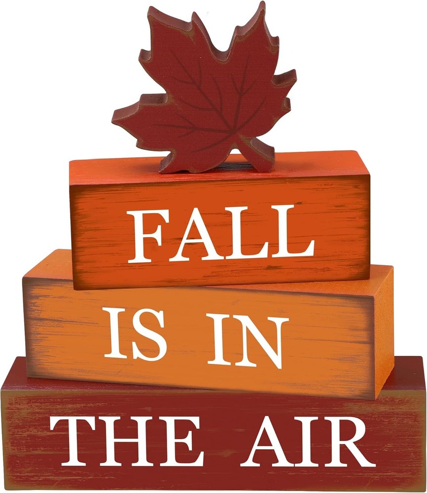 4 PCS Fall Maple Leaf Wooden Table Block Sign Thanksgiving Wood Tiered Tray Deco