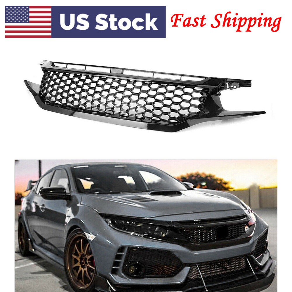 Black Honeycomb Mesh Sport Gloss Front Hood Bumper Grill For Honda Civic 2016-18