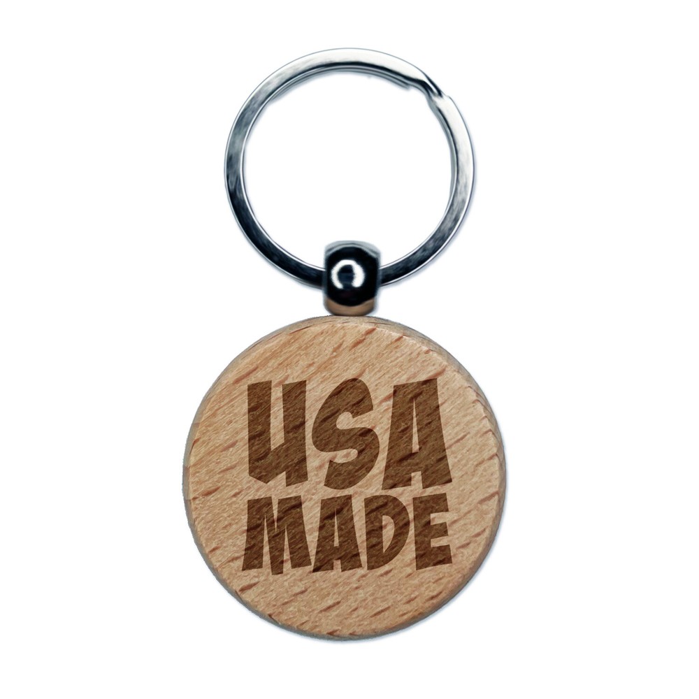 USA Made Fun Text Engraved Wood Round Keychain Tag Charm