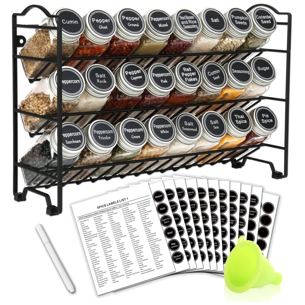 Stylish Spice Rack Organizer with 396 Labels & Funnel—Perfect for Every Kitchen