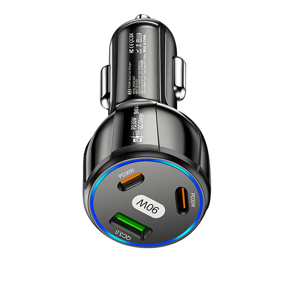 30W USB QC3.0 & PD Car Charger with 3 Ports 90W for Samsung Fast Charging