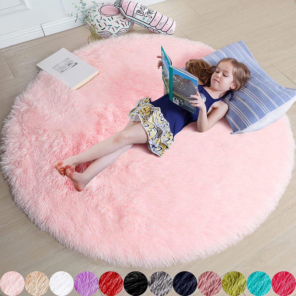 Fluffy Pink Round 4Ft Rug for Girls Bedroom Soft Circle Carpet Kids Room