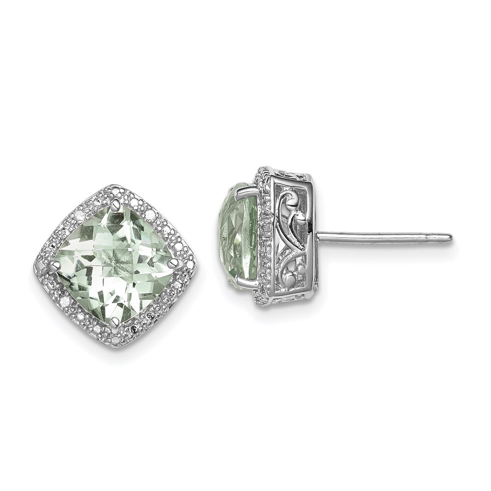 Sterling Silver Rhodium-plated Green Quartz and Diamond Stud Earrings 2.25gm