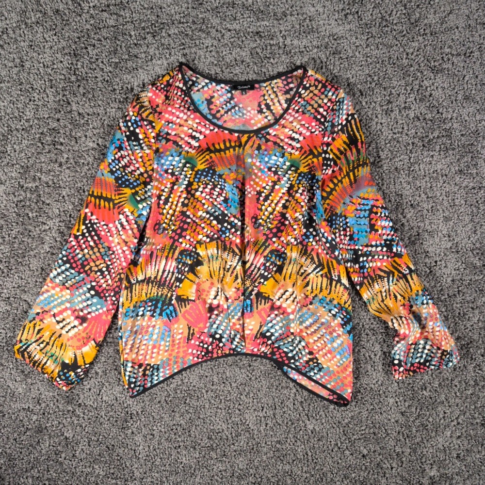 Tolani LS Abstract Pleated Silk Blouse Women's S Boho Chic Artsy Luxury EUC