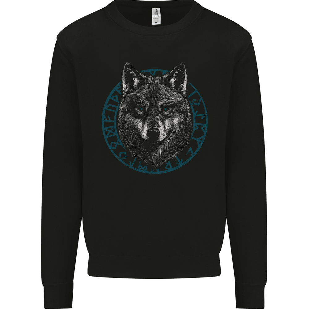 A Wolf in Viking Symbols Text Valhalla Mens Sweatshirt Jumper