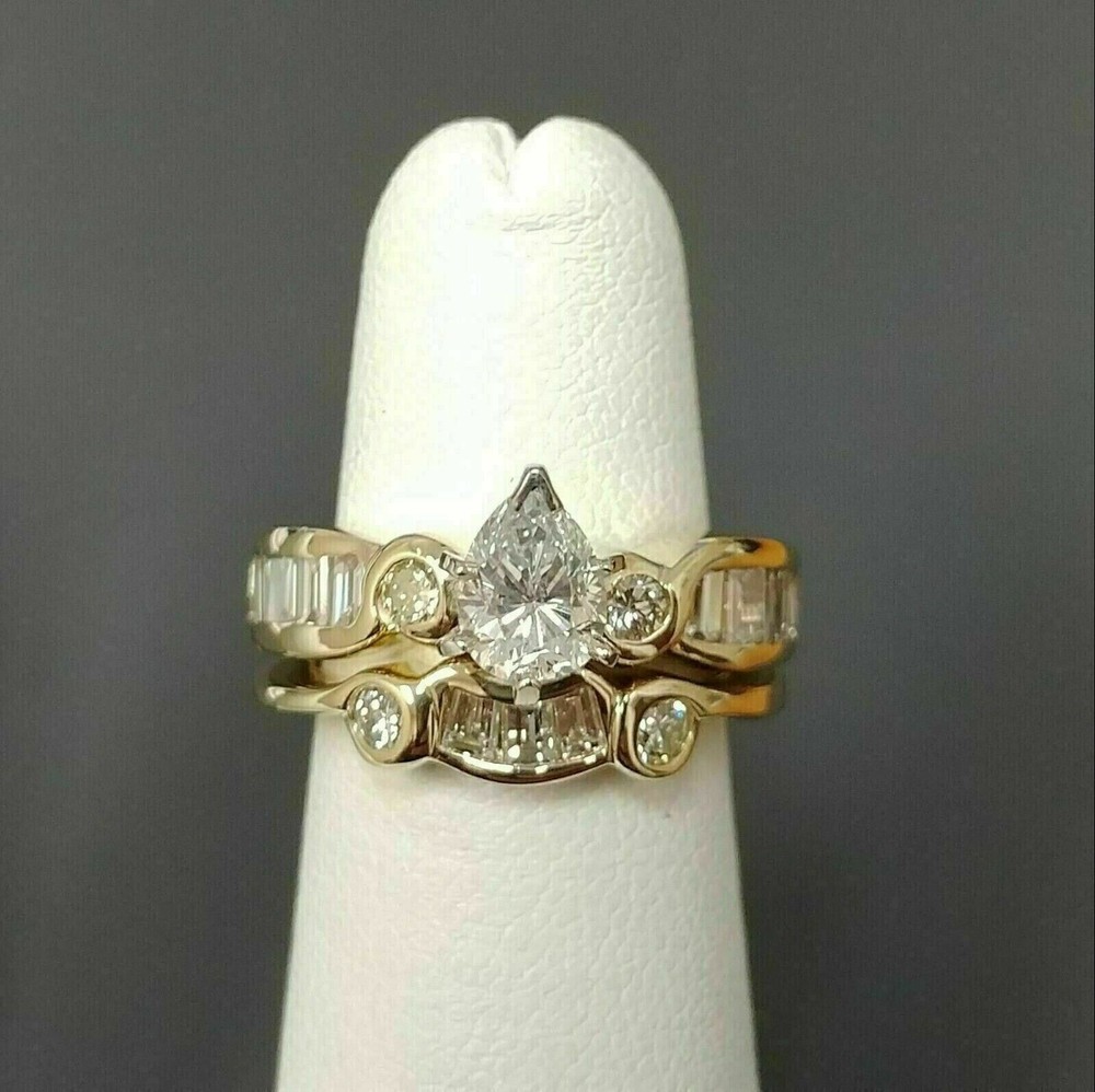 3Ct Pear Simulated Diamond Vintage Wedding Band Ring Set 14k Yellow Gold Plated