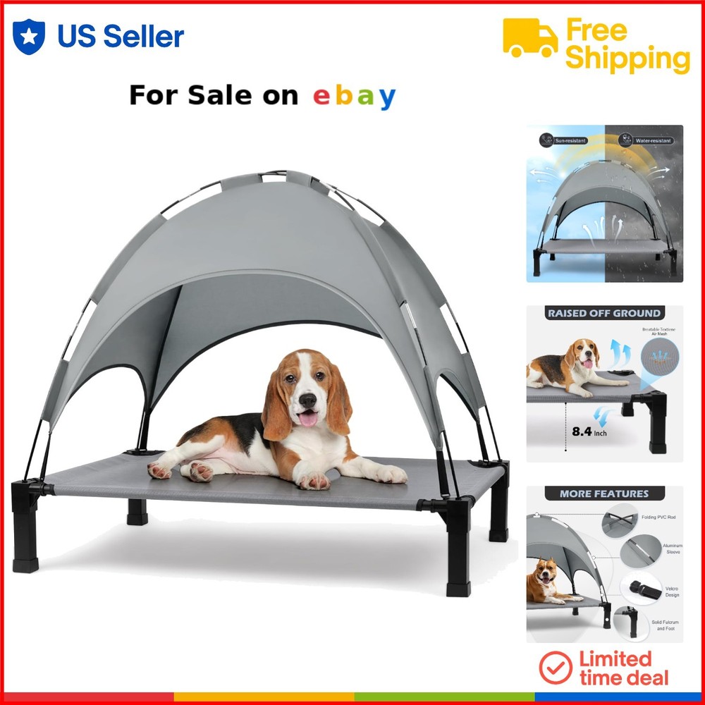 Elevated Outdoor Dog Cot with Removable Canopy Shade Portable Grey Pet Bed  