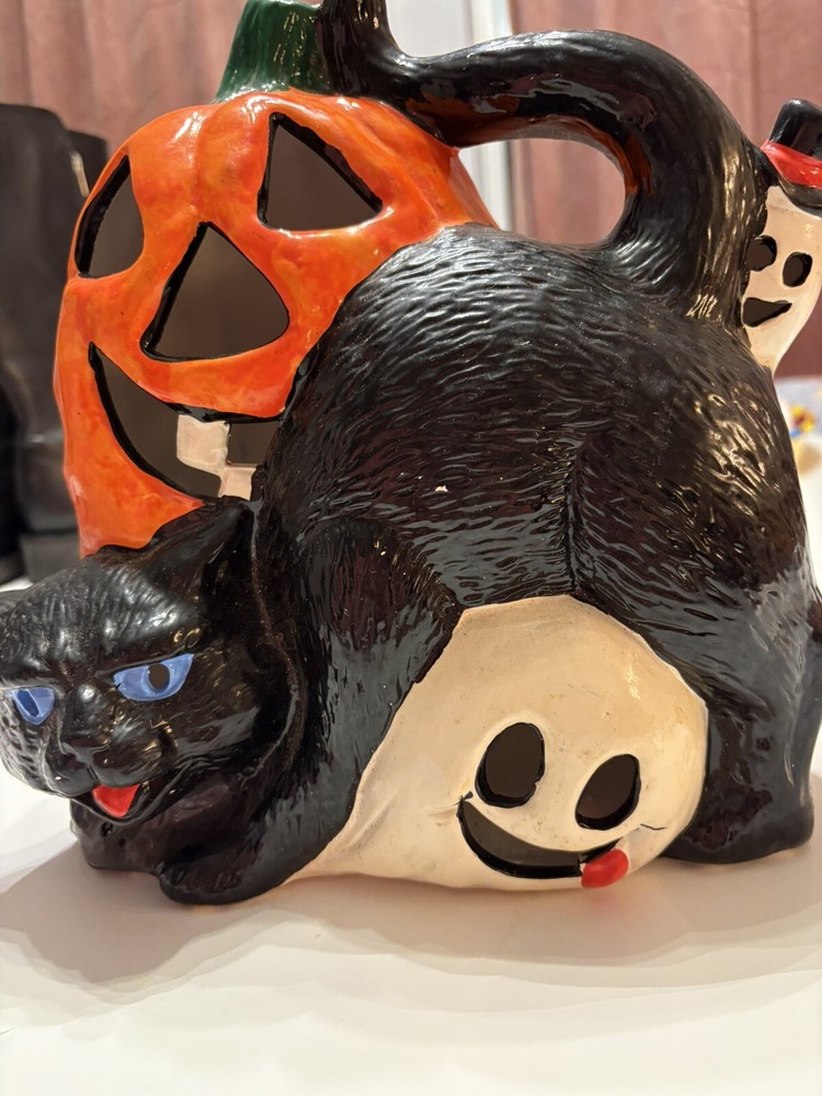 Vintage Halloween Ghost Black Cat Pumpkin Ceramic Made in Taiwan Light Up