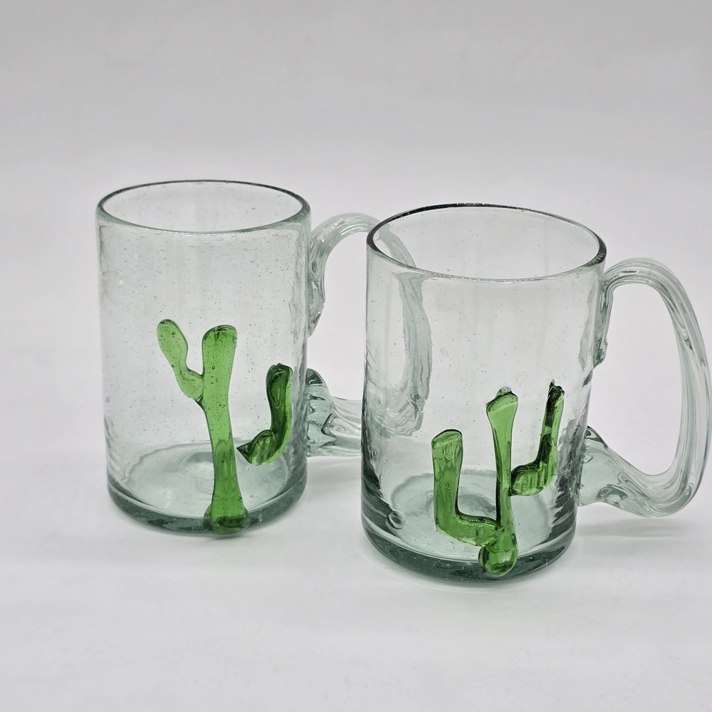 Set of 2 Large Hand Blown Saguaro Cactus Beer Mugs