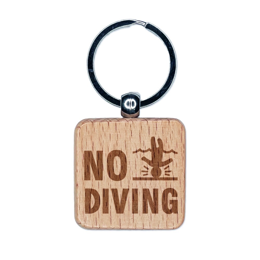 No Diving Swimming Head Injury Engraved Wood Square Keychain Tag Charm