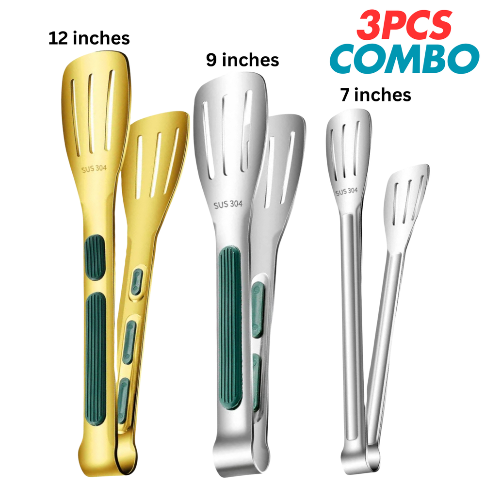 3Pcs Stainless Steel Kitchen Tongs Silicone Food Tongs Non-slip Steak  Clamp BBQ