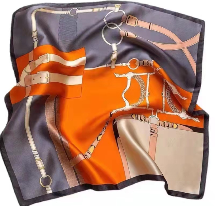 100% Mulberry Silk Neckerchief Shawl Scarf wrap Brown belt Print Bandanna 21''