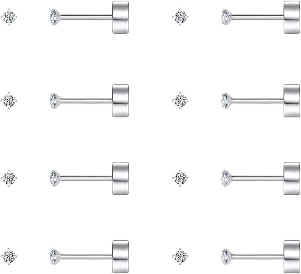 8 Pairs Tiny Flat Back Earrings for Women & Men - 14K Gold Plated Surgical Steel Studs