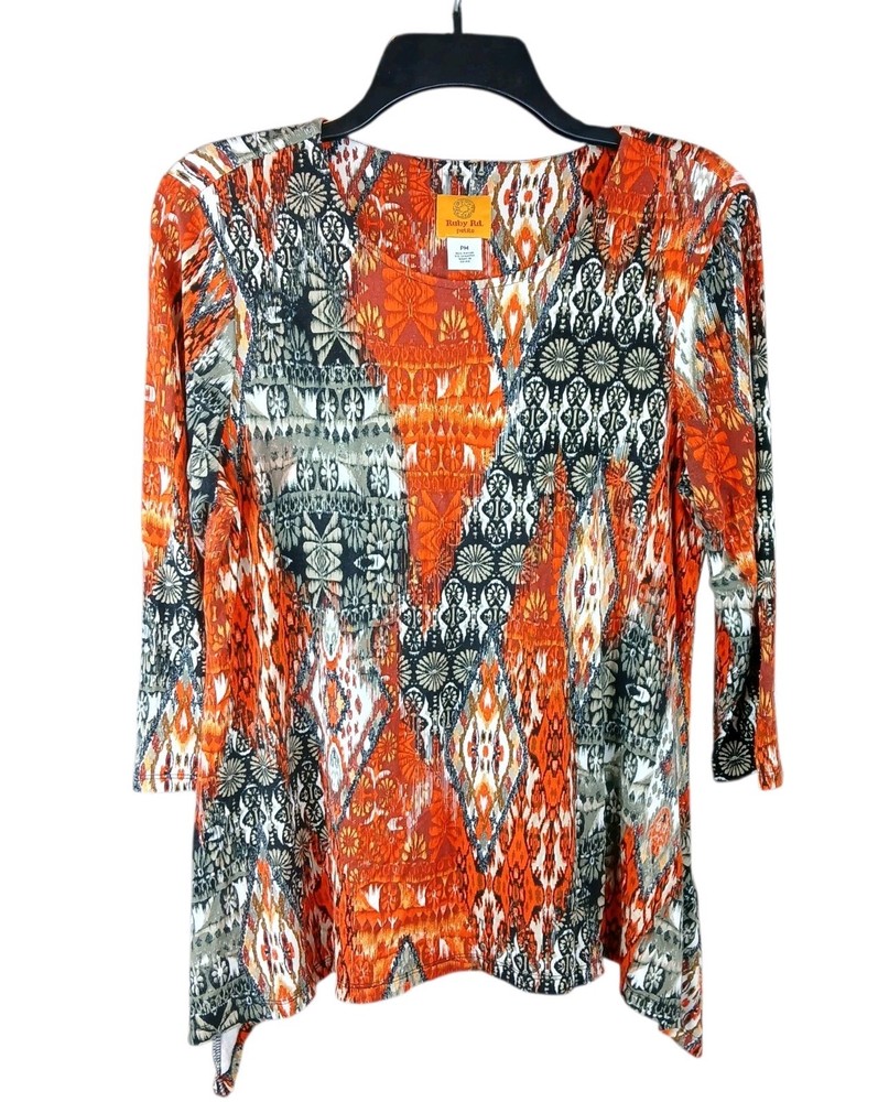 NEW Ruby Rd PETITE MEDIUM Red Black 3/4 Sleeve Top Stretch Rayon Tunic Artsy