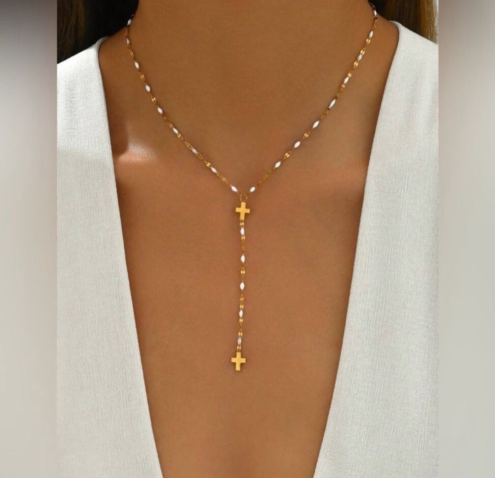 Gold Plated Steel Cross Beaded Lariat Necklace