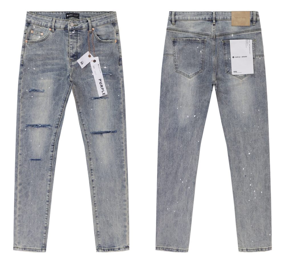 Washed Blue Purple Brand Splash-ink Painting Jeans Distressed Slim Fit Jeans
