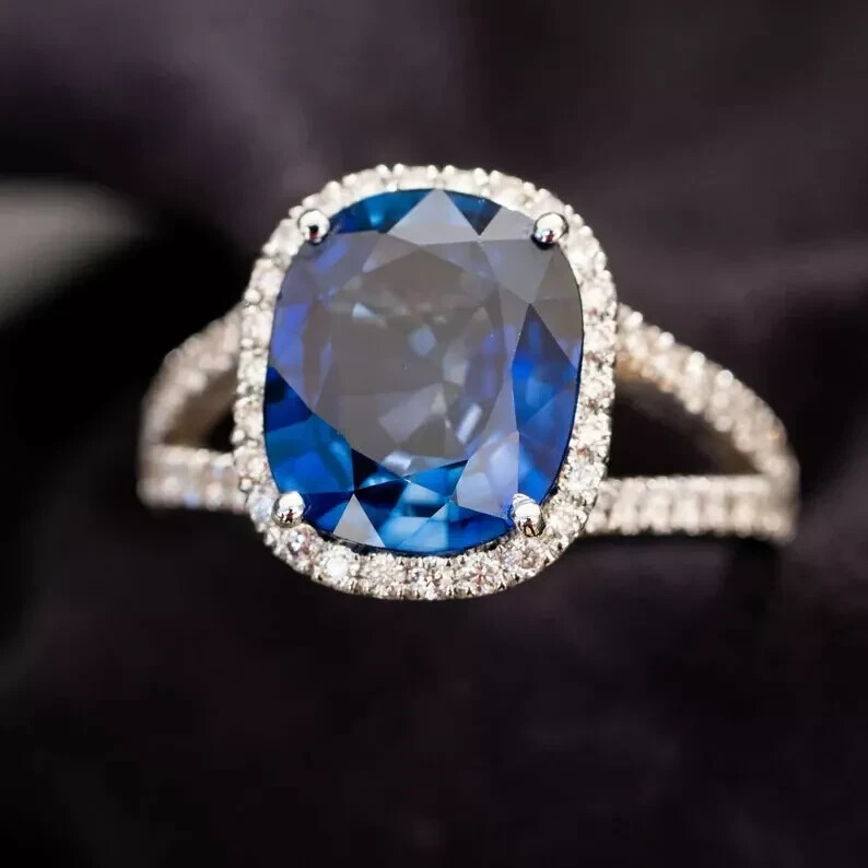 5.40 Ct Cushion Cut Natural Sapphire & Diamond Wedding Ring 14K White Gold Solid